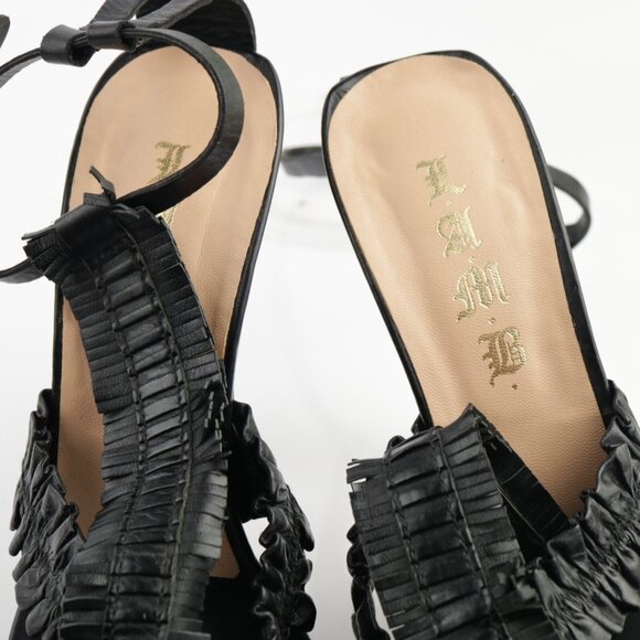 LAMB Womens Lita Sandals Size 10 Black Leather Ruffle T-Strap Heels Gwen Stefani - Picture 11 of 15